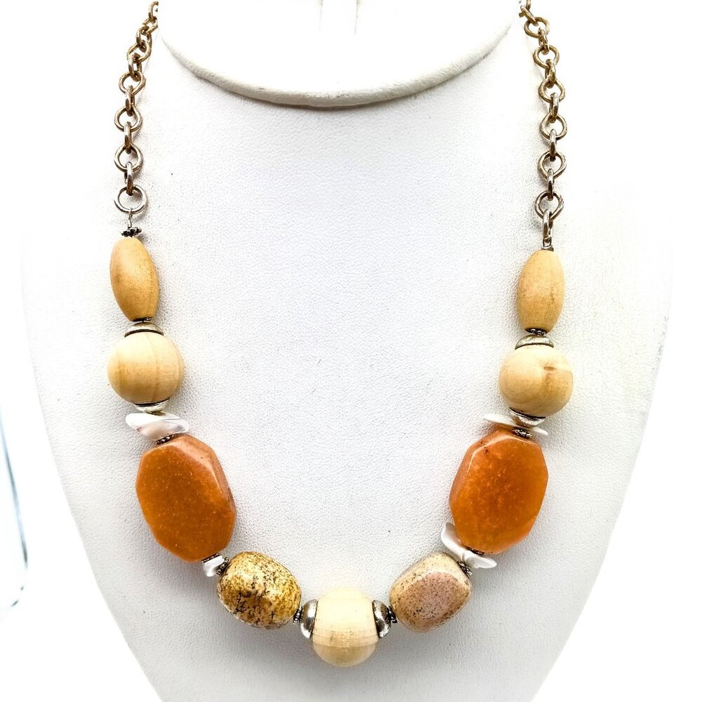 Vintage Beaded Boho Necklace, Polished Stone Mother of Pearl and Wood Beads